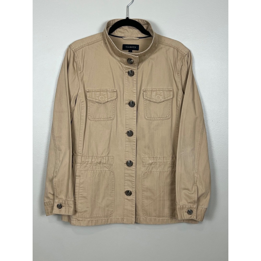 Talbots Womens Tan Cotton Herringbone Utility Jacket Size L Button Front Pocket